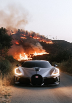 Bugatti with fire in the hills